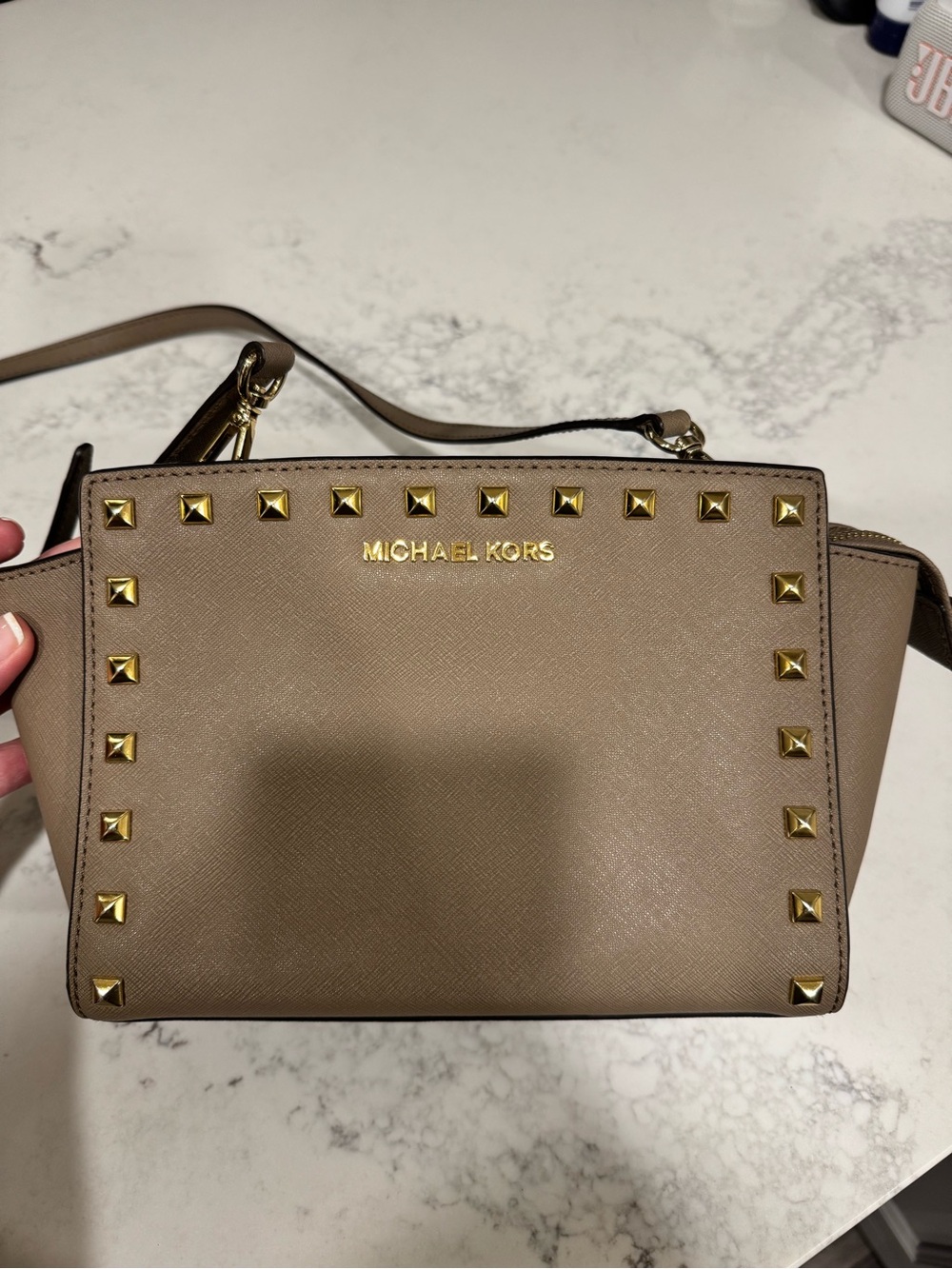 Michael Kors Taupe Studded Saffiano Crossbody Bag with Gold Hardware
